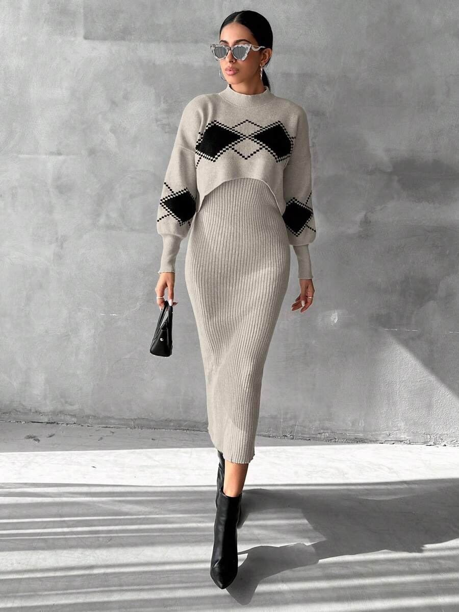 EURMUSE Women's Short Cut Geometric Pattern Sweater And Knitted Vest Dress Two-piece Set - Apricot - View 1
