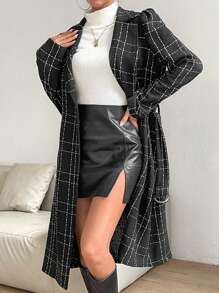 Zolique Abrigo de cuadros de cuello con solapa con cinturón - Negro - Ver 3