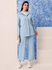 Mulvari Ladies' Light Blue Simple Style Suit - Blue - View 3