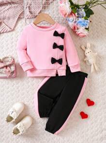 Baby Girl Bow Front Split Hem Sweatshirt & Sweatpants - Pink - View 1