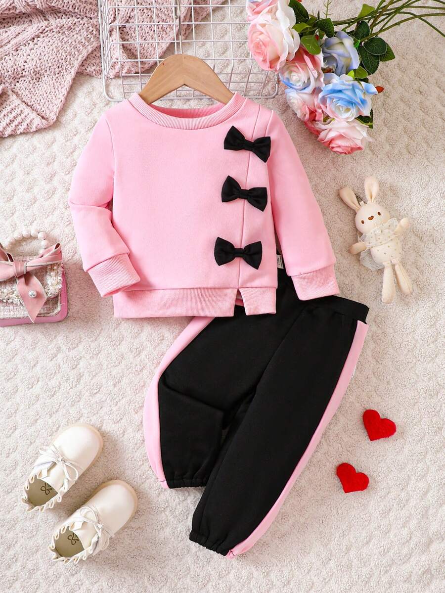 Baby Girl Bow Front Split Hem Sweatshirt & Sweatpants - Pink - View 1