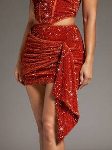 SHEIN BAE Women's Shiny Asymmetrical Design Skirt - Orange - View 5