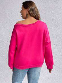 Calvaya Plus Heart & Slogan Graphic Pocket Drop Shoulder Sweatshirt Fall Cloth For Women Winter Autumn - Hot Pink - View 2