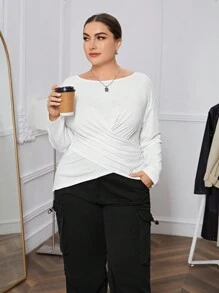 SHEIN Essnce Plus Size Women's Cross Front Hem T-shirt - White - View 6