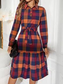 EMERY ROSE Plaid Print Ruffle Hem Belted Shirt Dress - Orange - View 5