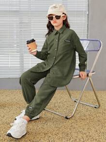 SHEIN Cô gái Tween Thư được vá Thả vai Áo sơ mi & Quần - xanh quân đội - Xem 4