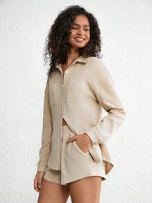 Ocili Leisure Drop Shoulder Pocket Patched Lounge Top - Khaki - View 5