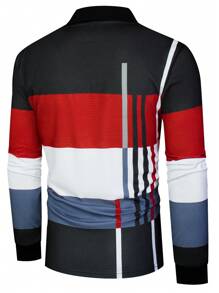 Manfinity Homme Men Striped Print Colorblock Polo Shirt, Fall, Long Sleeve Top - Red - View 2