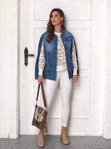 SHEIN Frenchy Women's Cape Sleeve Buttoned Denim Jacket - Blue - View 3