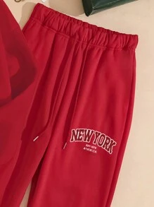 SHEIN EZwear 字母印花抽繩連帽衫和運動褲兩件套 - 紅色 - 查看 5