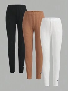 3入組青少女針織純色休閒緊身褲 - 彩色 - 查看 1