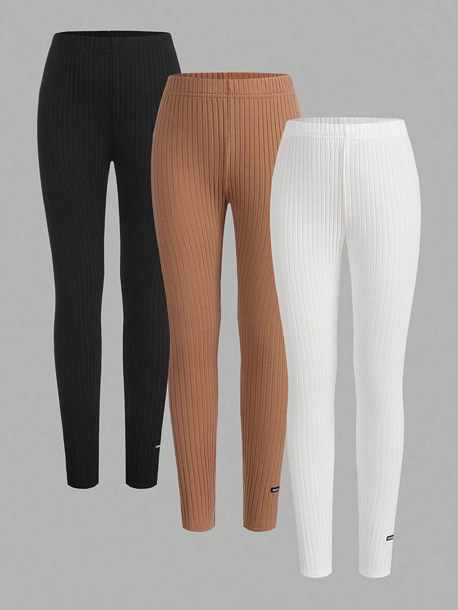 3入組青少女針織純色休閒緊身褲 - 彩色 - 查看 1