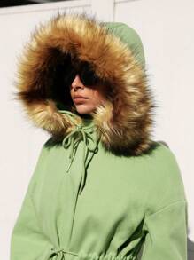 SHEIN EZwear Abrigo De Lana Con Capucha Y Cuello Para Mujer, Color Liso