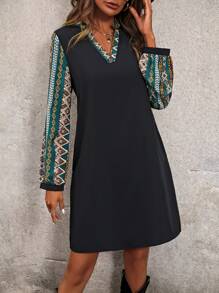 SHEIN Clasi Vestido Con Mangas De Linterna Y Cuello Con Muesca Con Diseño Geométrico - Verde Oscuro - Ver 6