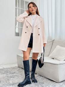SHEIN PETITE Cổ áo Đôi ngực Áo khoác - Màu be - Xem 7