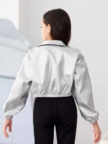 SHEIN Leap Crew Tween 女童纯色休闲长袖短款 PU 皮夹克 - 銀色 - 查看 2