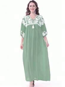 RAMADAN Floral Embroidered Patchwork Tasseled Drop Shoulder Arabian Women Elegant Dress JALABIA 2025 Spring Summer Eid Al Adha,Modest