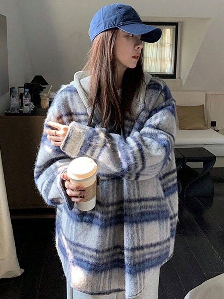 女士秋冬落肩长袖格子连帽宽松外套