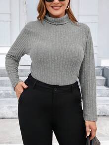 SHEIN Privé 女士加大尺寸高領肋紋t恤