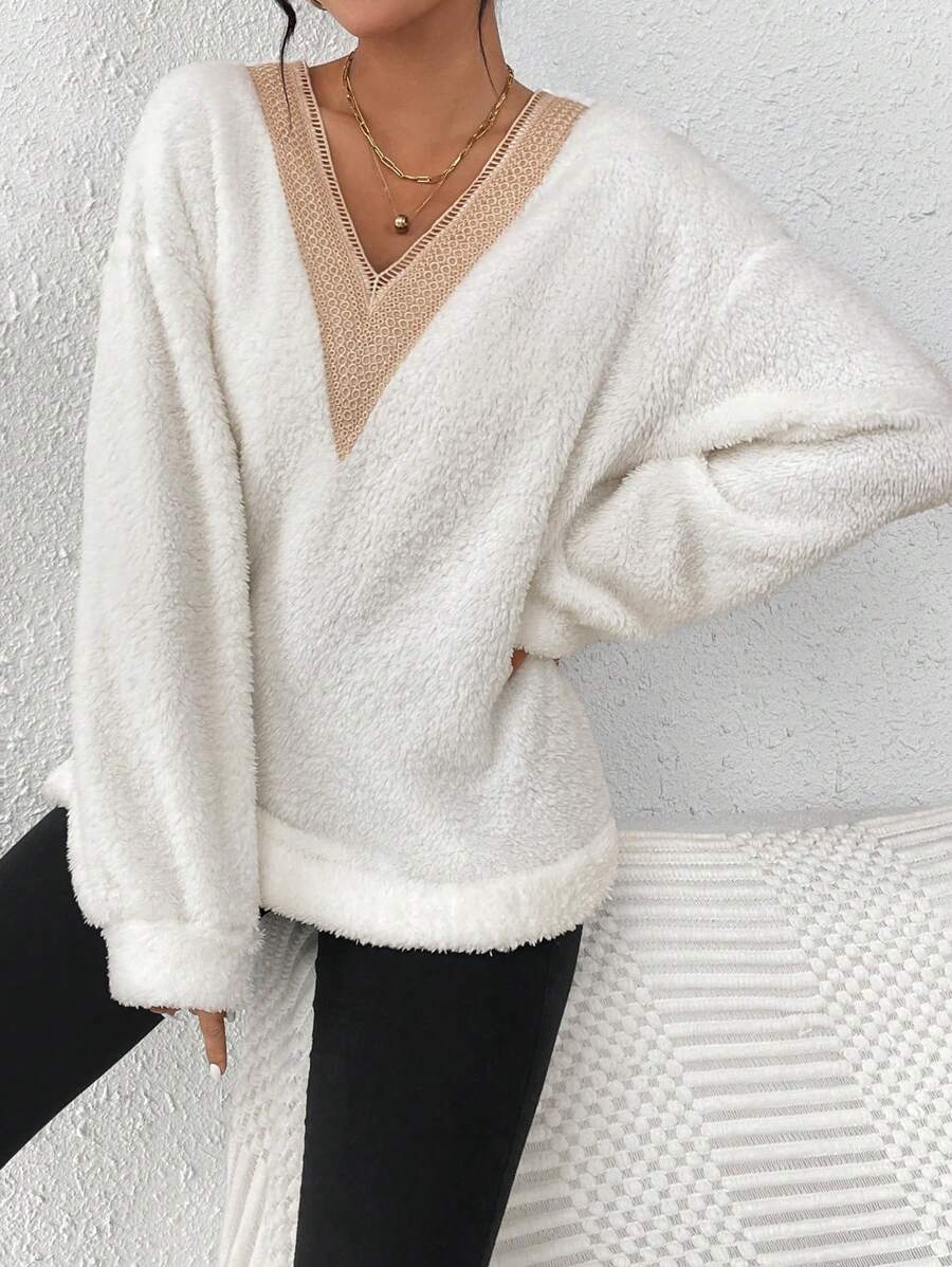 SHEIN Frenchy 女款落肩毛絨運動衫 - 白色 - 查看 1