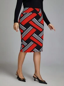 SHEIN Clasi Plus Striped Print Skirt - Red - View 5
