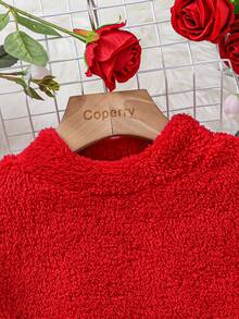 青少年女孩小高領荷葉袖絨毛洋裝 - 紅色 - 查看 4