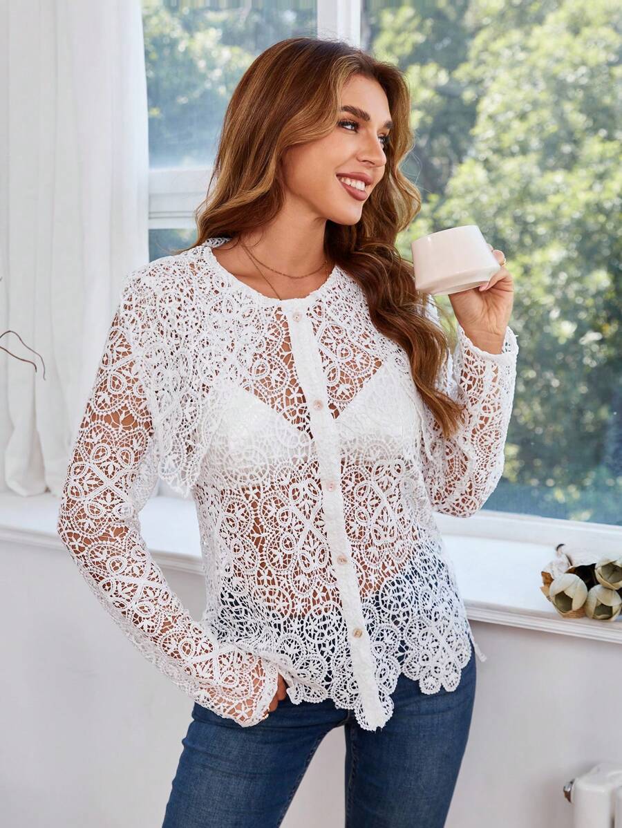 GENKIRA 前紐扣提花蕾絲襯衫不附胸罩 - 白色 - 查看 1