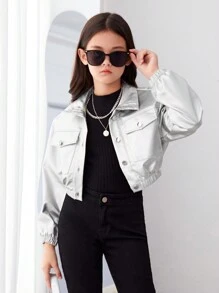 SHEIN Leap Crew Tween 女童纯色休闲长袖短款 PU 皮夹克 - 銀色 - 查看 5