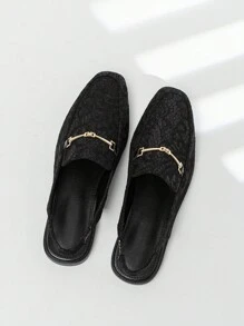 Black Lace Fashionable Women's Shoes With Square Toe And Metal Buckle For Slimming Look