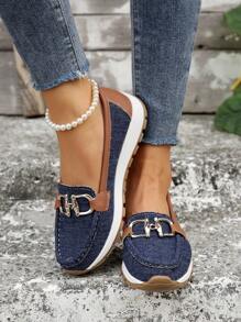 秋冬女士休闲运动鞋，舒适软底，金属链装饰，乐福鞋，女式运动鞋 - 藍色 - 查看 6