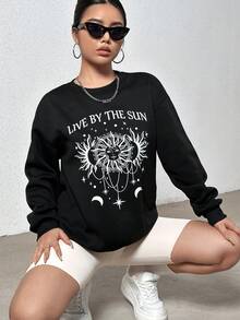 SHEIN Unity 日月圖案落肩袖運動衫 - 黑色 - 查看 4