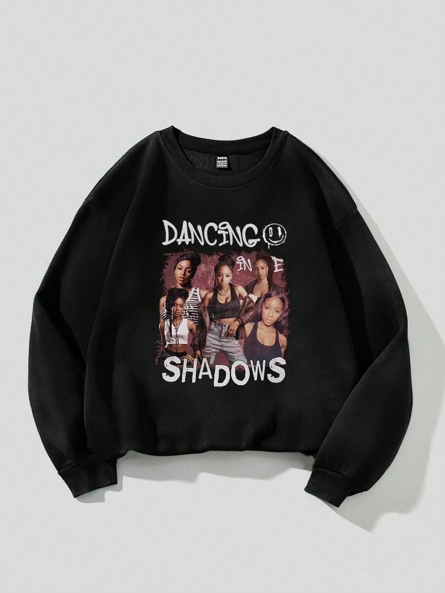 SHEIN Coolane Figure & Letter Graphic Thermal Pullover - Black - View 1