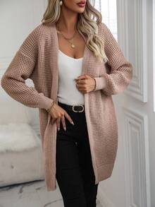 SHEIN LUNE 落肩休闲设计开衫 - 卡其色 - 查看 5