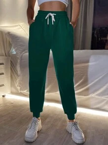 SHEIN PETITE 純色束口腰口袋運動褲 - 綠色 - 查看 1