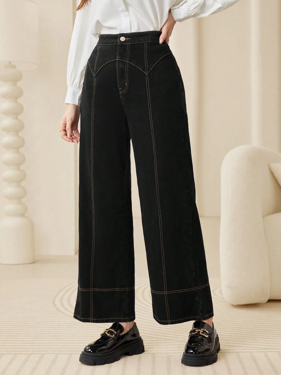 Mulvari 純色直筒牛仔褲,外縫細節,休閒穿搭必備 - 黑色 - 查看 1