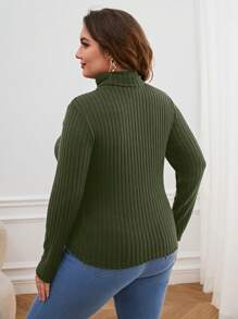 SHEIN Privé Plus Size Women's High Neck Ribbed T-shirt - Army Green - View 2