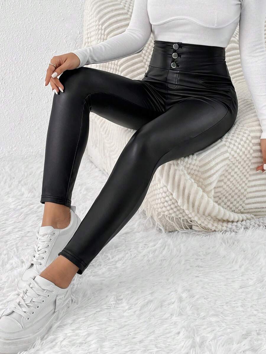 SHEIN Frenchy 前扣pu皮貼身恩寵褲 - 黑色 - 查看 1