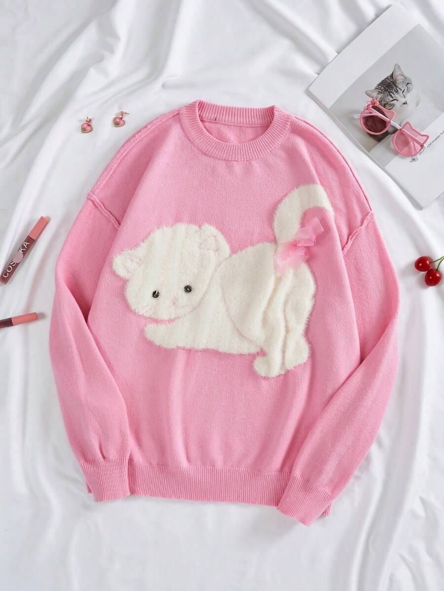 SHEIN EZwear 卡通圖案前蝴蝶結落肩袖套頭毛衣 - 粉色 - 查看 1