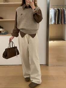 V-neck Women Knit Vest - Khaki - View 3