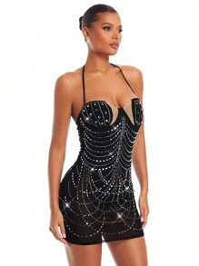 SHEIN BAE Rhinestone-embellished Backless Halterneck Dress - Black - View 6