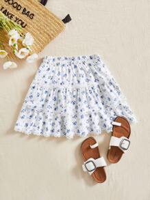 Soleia 碎花鏤空蕾絲花邊荷葉邊半身裙 - 藍白色 - 查看 1