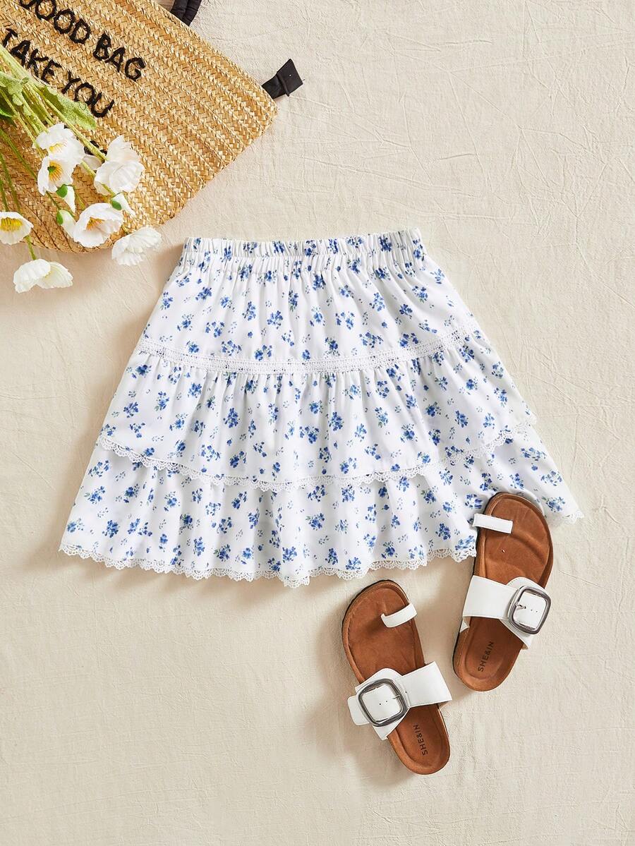 Soleia 碎花鏤空蕾絲花邊荷葉邊半身裙 - 藍白色 - 查看 1