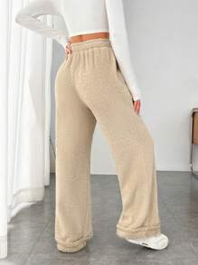 SHEIN EZwear 女式抽繩腰天鵝絨長褲 - 卡其色 - 查看 2