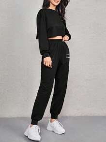 SHEIN EZwear Conjunto de sudadera con capucha y pantalones de chándal con gráfico de letra y hombros caídos