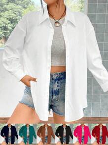 Flirla Plus Drop Shoulder Button Front Shirt Fall Cloth For Women - White - View 1