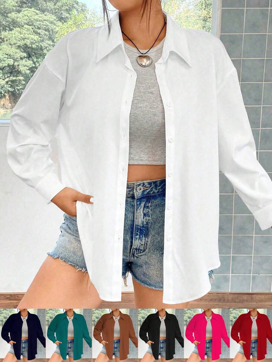 Flirla Plus Drop Shoulder Button Front Shirt Fall Cloth For Women - White - View 1