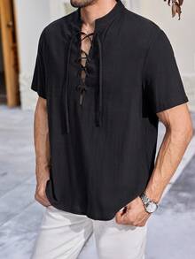 Manfinity Homme Loose Fit Men's Solid Color Shirt With Tie Detail - Black - View 6