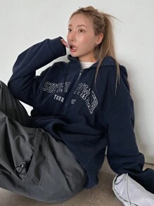 DAZY Women's Autumn/Winter Letter Embroidery Hooded Loose Casual Sweatshirt Jacket Zip Up - Navy Blue - View 5