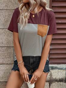 SHEIN LUNE In sọc Vá Túi Áo thun - Màu Đỏ Sâu - Xem 4