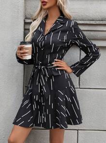 SHEIN LUNE Printed Turn-down Collar Buttoned Belted Dress - Black - View 6
